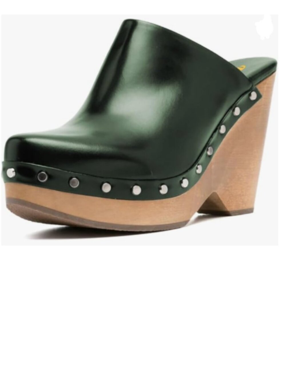 FYS Dark Green Round Toe Slip on Mules Rivet Studded High Heel Wedges Shoes
